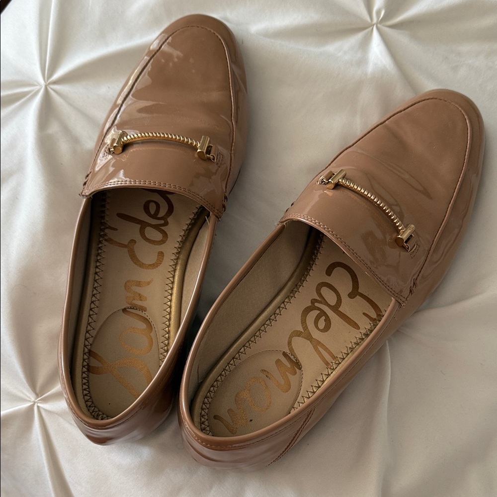 Sam Edelman Camel Tan Patent Leather Loafers with Gold Buckle 7.5